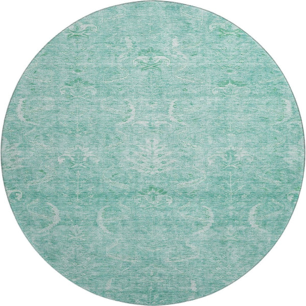 HomeRoots 8' Aqua and Ivory Damask Round Rug - Washable, Stain Resistant, Kid & Pet Friendly with UV Protection 683911