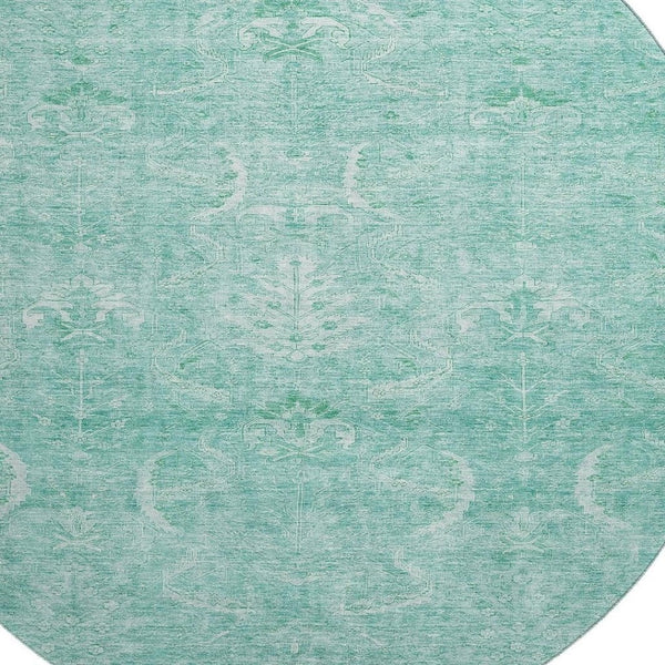 HomeRoots 8' Aqua and Ivory Damask Round Rug - Washable, Stain Resistant, Kid & Pet Friendly with UV Protection 683911