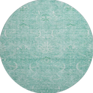 HomeRoots 8' Aqua and Ivory Damask Round Rug - Washable, Stain Resistant, Kid & Pet Friendly with UV Protection 683911