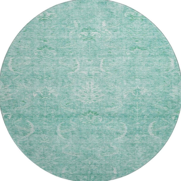 HomeRoots 8' Aqua and Ivory Damask Round Rug - Washable, Stain Resistant, Kid & Pet Friendly with UV Protection 683911