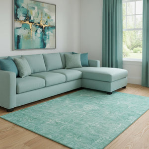 HomeRoots 8' X 10' Stylish Aqua and Ivory Damask Washable Area Rug with UV Protection for Family Spaces 683912