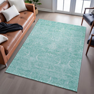 HomeRoots 10' Aqua and Ivory Damask Area Rug - Washable, Stain-Resistant, UV-Protected for Busy Homes 683914