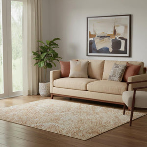 HomeRoots 5' X 8' Salmon and Ivory Damask Area Rug - Stylish, Durable, Washable with UV Protection for Homes 683916