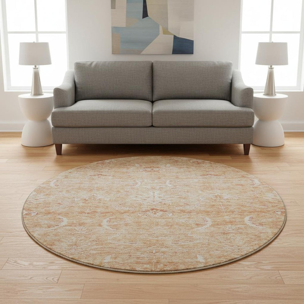 HomeRoots 8' Salmon and Ivory Damask Round Rug - Washable, UV Protected, Stain Resistant, Durable Elegance 683917