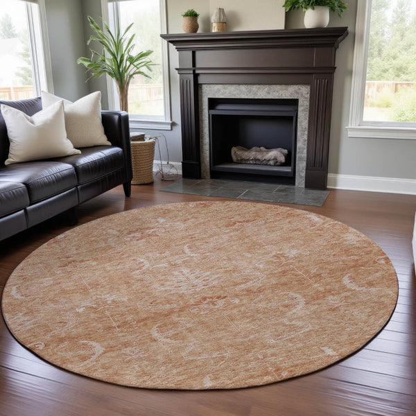 HomeRoots 8' Salmon and Ivory Damask Round Rug - Washable, UV Protected, Stain Resistant, Durable Elegance 683917
