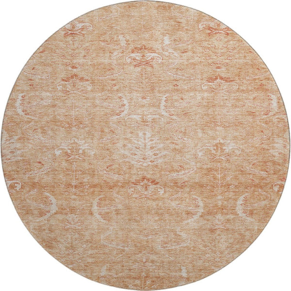 HomeRoots 8' Salmon and Ivory Damask Round Rug - Washable, UV Protected, Stain Resistant, Durable Elegance 683917