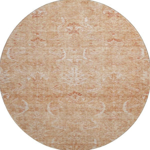 HomeRoots 8' Salmon and Ivory Damask Round Rug - Washable, UV Protected, Stain Resistant, Durable Elegance 683917
