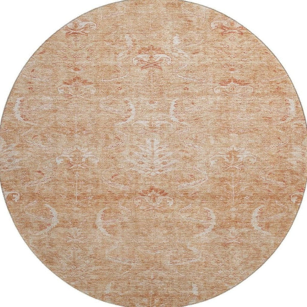 HomeRoots 8' Salmon and Ivory Damask Round Rug - Washable, UV Protected, Stain Resistant, Durable Elegance 683917