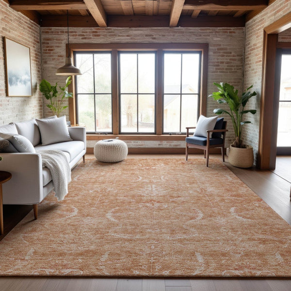 HomeRoots 10' X 14' Salmon and Ivory Damask Washable Area Rug - Durable, UV Protected, and Elegant Design! 683920
