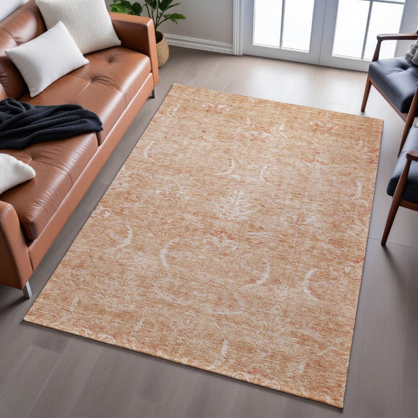 HomeRoots 10' X 14' Salmon and Ivory Damask Washable Area Rug - Durable, UV Protected, and Elegant Design! 683920