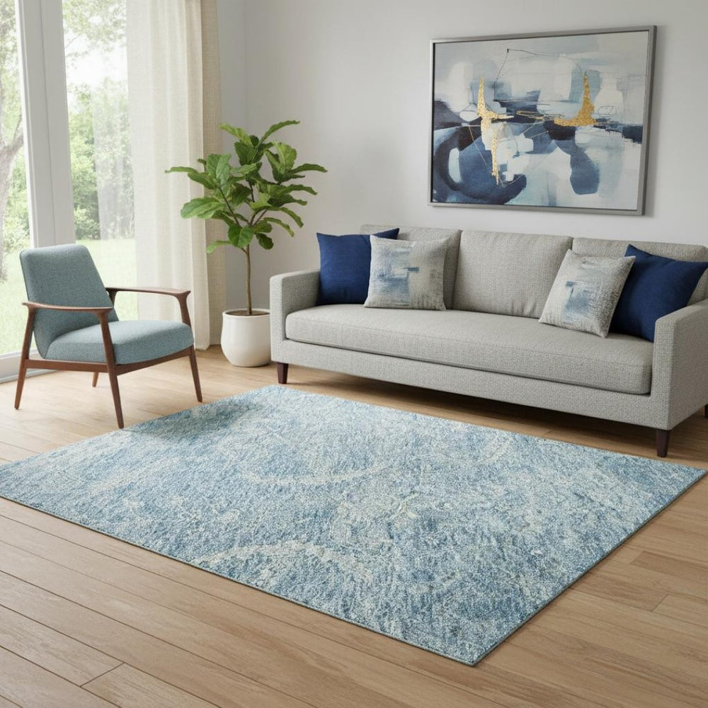 HomeRoots 5' X 8' Sky Blue & Ivory Damask Rug - Washable, UV-Protected, Stylish & Durable for Busy Homes 683922