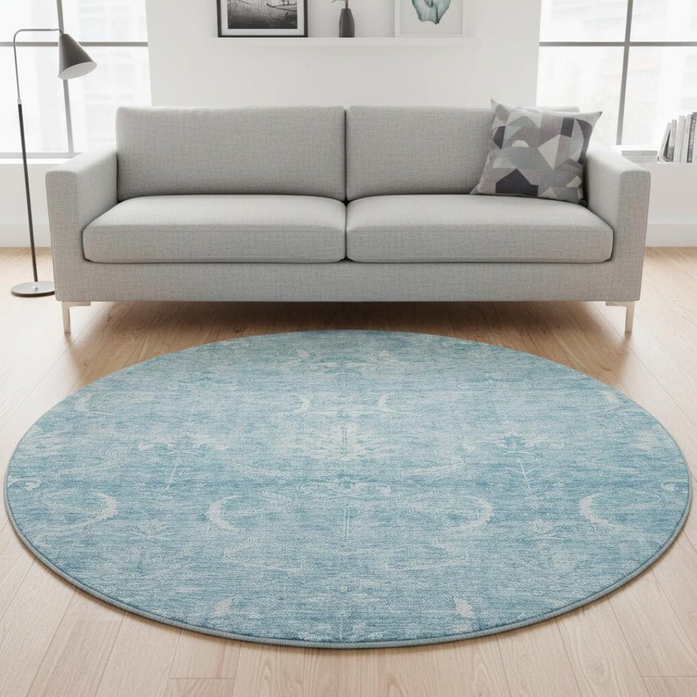 HomeRoots 8' Sky Blue Damask Round Rug – Washable, UV Protected, Durable, and Stylish for Any Space 683923