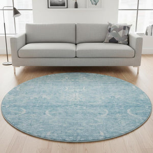 HomeRoots 8' Sky Blue Damask Round Rug – Washable, UV Protected, Durable, and Stylish for Any Space 683923