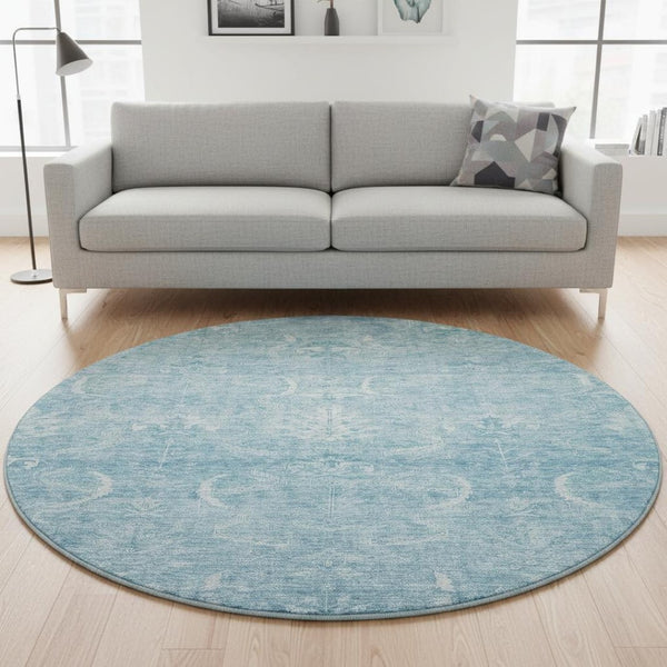 HomeRoots 8' Sky Blue Damask Round Rug – Washable, UV Protected, Durable, and Stylish for Any Space 683923