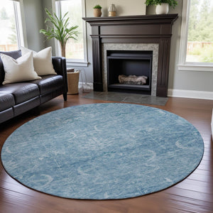 HomeRoots 8' Sky Blue Damask Round Rug – Washable, UV Protected, Durable, and Stylish for Any Space 683923