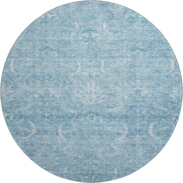 HomeRoots 8' Sky Blue Damask Round Rug – Washable, UV Protected, Durable, and Stylish for Any Space 683923