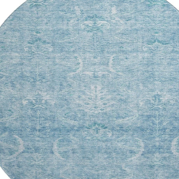 HomeRoots 8' Sky Blue Damask Round Rug – Washable, UV Protected, Durable, and Stylish for Any Space 683923