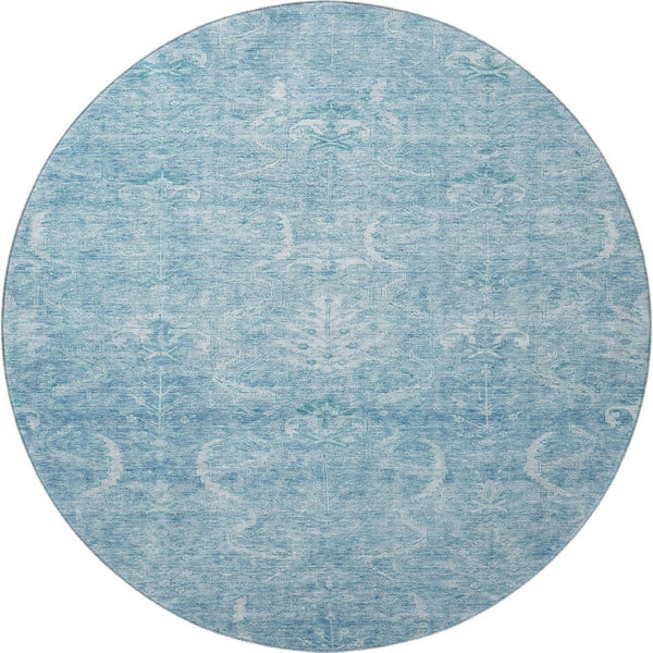 HomeRoots 8' Sky Blue Damask Round Rug – Washable, UV Protected, Durable, and Stylish for Any Space 683923