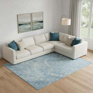 HomeRoots 9' X 12' Elegant Sky Blue and Ivory Damask Washable Area Rug with UV Protection for Modern Homes 683925
