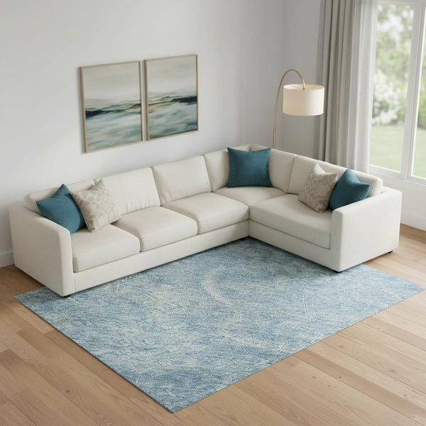 HomeRoots 9' X 12' Elegant Sky Blue and Ivory Damask Washable Area Rug with UV Protection for Modern Homes 683925