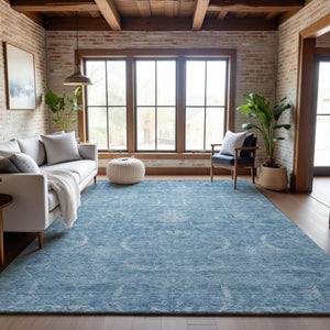 HomeRoots 9' X 12' Elegant Sky Blue and Ivory Damask Washable Area Rug with UV Protection for Modern Homes 683925