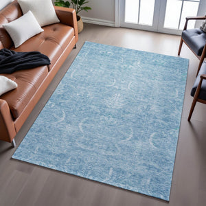 HomeRoots 9' X 12' Elegant Sky Blue and Ivory Damask Washable Area Rug with UV Protection for Modern Homes 683925