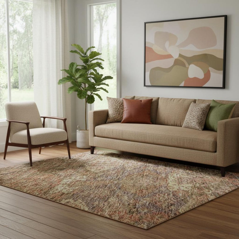 HomeRoots 5' Brown and Beige Damask Washable Area Rug - Stylish, Durable, UV-Protected for High Traffic Homes 683928
