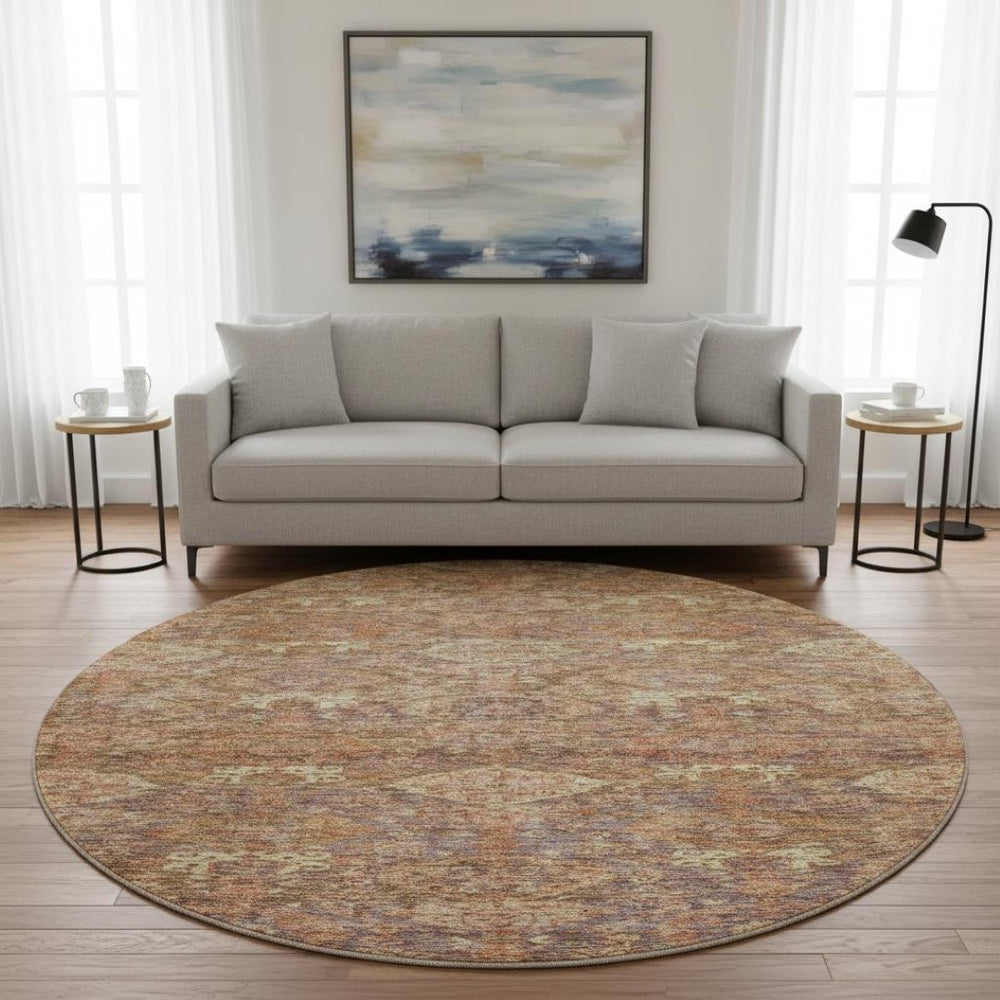 HomeRoots 8' Brown and Beige Damask Round Rug - Washable, UV-Protected, Elegant Design for Busy Homes 683929