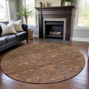 HomeRoots 8' Brown and Beige Damask Round Rug - Washable, UV-Protected, Elegant Design for Busy Homes 683929