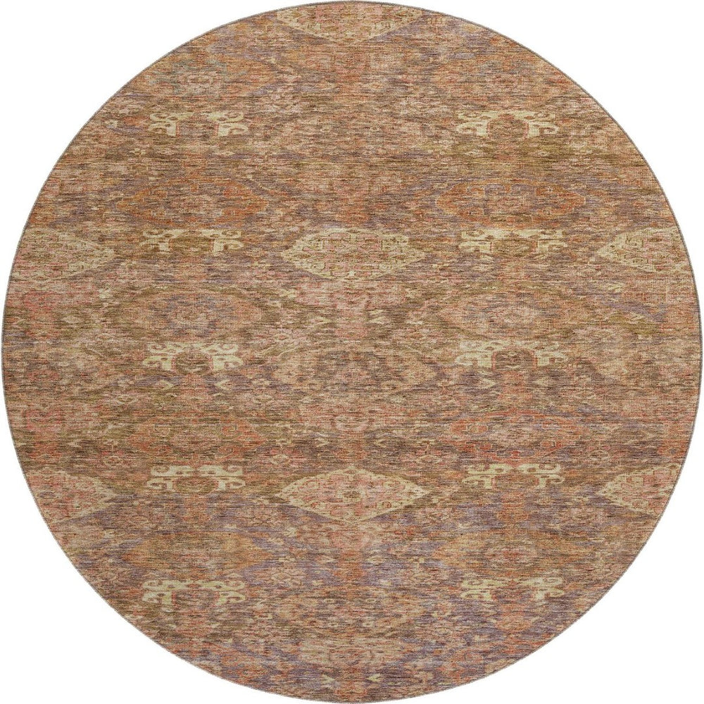 HomeRoots 8' Brown and Beige Damask Round Rug - Washable, UV-Protected, Elegant Design for Busy Homes 683929