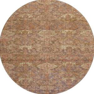 HomeRoots 8' Brown and Beige Damask Round Rug - Washable, UV-Protected, Elegant Design for Busy Homes 683929
