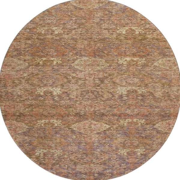 HomeRoots 8' Brown and Beige Damask Round Rug - Washable, UV-Protected, Elegant Design for Busy Homes 683929