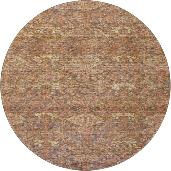 HomeRoots 8' Brown and Beige Damask Round Rug - Washable, UV-Protected, Elegant Design for Busy Homes 683929