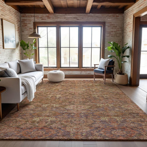 HomeRoots 9' X 12' Stylish Brown and Beige Damask Area Rug - Washable, UV Protected for High-Traffic Areas 683931
