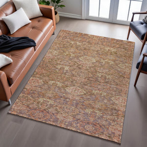 HomeRoots 9' X 12' Stylish Brown and Beige Damask Area Rug - Washable, UV Protected for High-Traffic Areas 683931