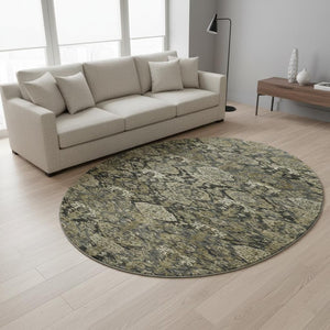 HomeRoots 8' Charcoal and Gray Damask Round Rug - Washable, UV Protected, Durable, Perfect for Home Spaces 683935