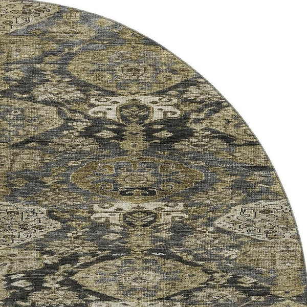 HomeRoots 8' Charcoal and Gray Damask Round Rug - Washable, UV Protected, Durable, Perfect for Home Spaces 683935