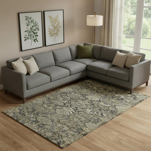 HomeRoots 9' X 12' Charcoal & Gray Damask Washable Area Rug - Stain-Resistant, UV Protected, Durable Style! 683937