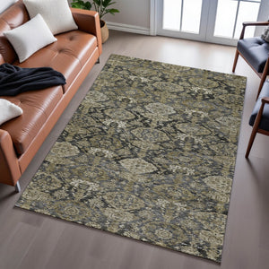 HomeRoots 9' X 12' Charcoal & Gray Damask Washable Area Rug - Stain-Resistant, UV Protected, Durable Style! 683937