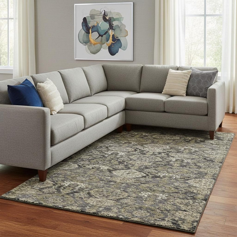 HomeRoots 10' X 14' Charcoal & Gray Damask Washable Area Rug - Stain-Resistant, UV Protected & Durable Design 683938