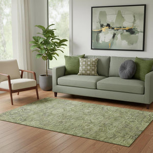 HomeRoots 5' X 8' Green and Gray Damask Area Rug – Washable, UV Protected, Stylish, Durable for High-Traffic Spaces 683940