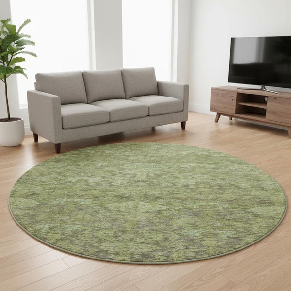 HomeRoots 8' Timeless Green and Gray Damask Washable Round Rug with UV Protection for Elegant Spaces 683941