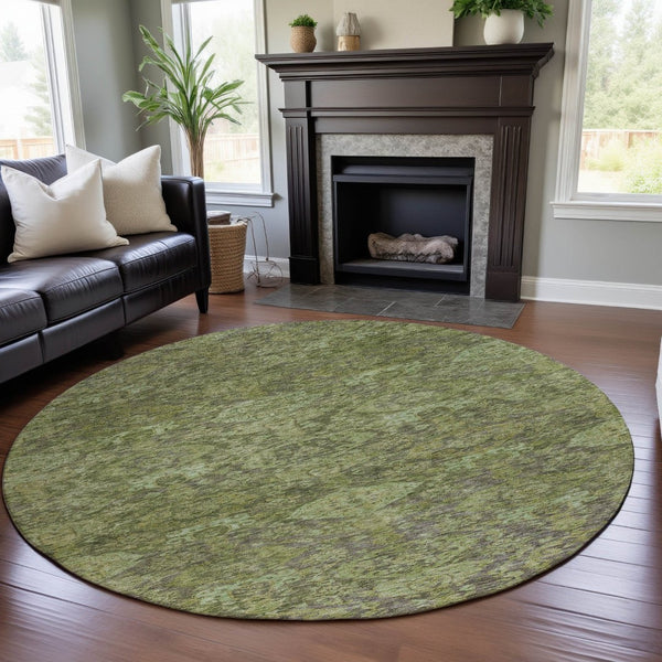 HomeRoots 8' Timeless Green and Gray Damask Washable Round Rug with UV Protection for Elegant Spaces 683941