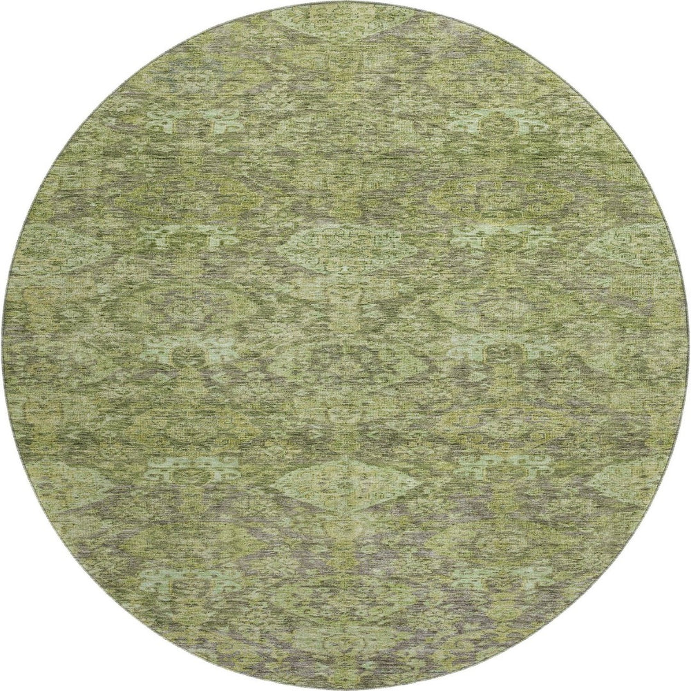 HomeRoots 8' Timeless Green and Gray Damask Washable Round Rug with UV Protection for Elegant Spaces 683941