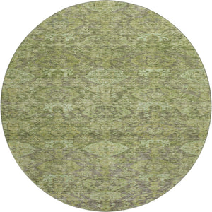 HomeRoots 8' Timeless Green and Gray Damask Washable Round Rug with UV Protection for Elegant Spaces 683941