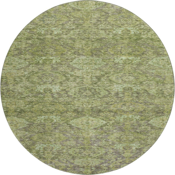 HomeRoots 8' Timeless Green and Gray Damask Washable Round Rug with UV Protection for Elegant Spaces 683941