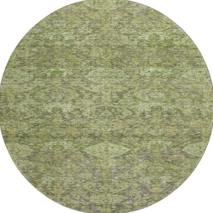 HomeRoots 8' Timeless Green and Gray Damask Washable Round Rug with UV Protection for Elegant Spaces 683941