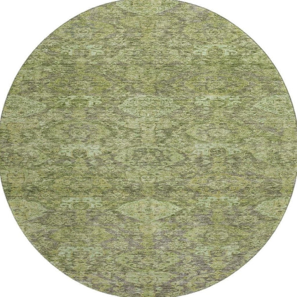 HomeRoots 8' Timeless Green and Gray Damask Washable Round Rug with UV Protection for Elegant Spaces 683941