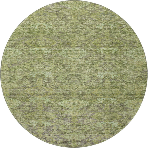 HomeRoots 8' Timeless Green and Gray Damask Washable Round Rug with UV Protection for Elegant Spaces 683941