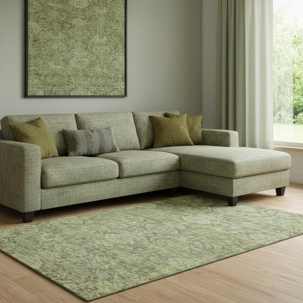HomeRoots 8' X 10' Elegant Green and Gray Damask Washable Area Rug with UV Protection for Busy Homes 683942